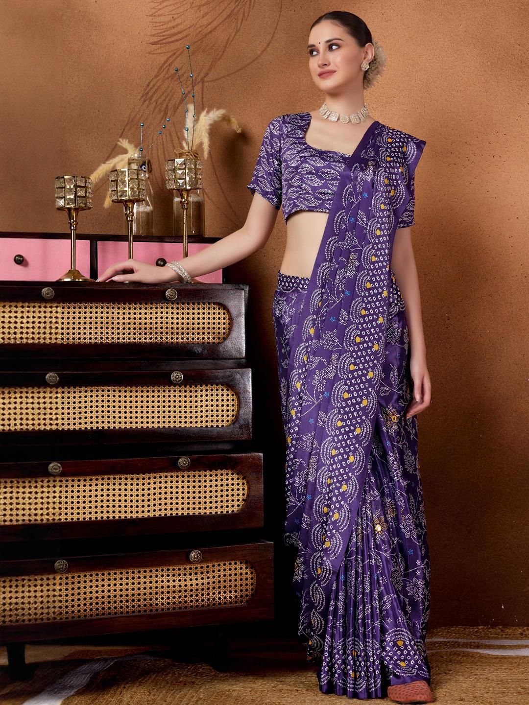 Purple Bandhani Floral Printed Mirror Work Ready to Wear Saree