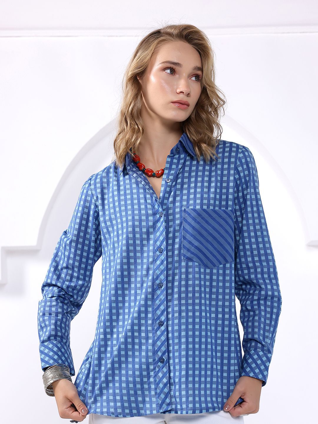 KALAMIR Women Gingham Checked Spread Collar Cotton Casual Shirt