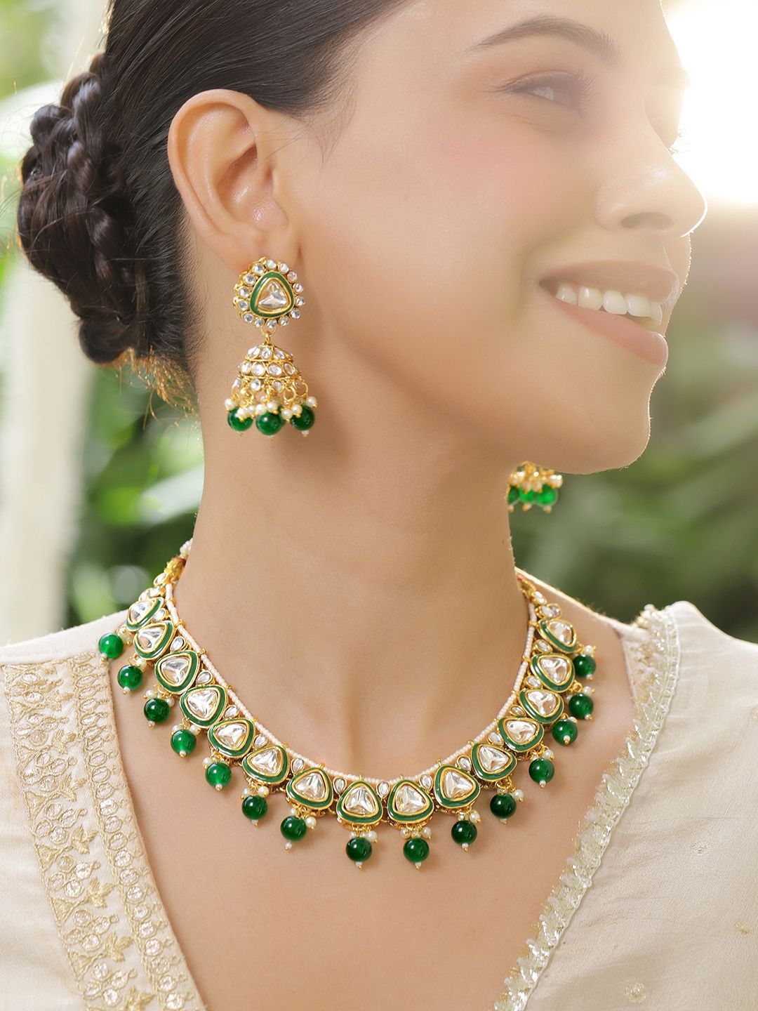 Rubans 22K Gold-Plated Handcrafted Green Enamel Detail Kundan NecklaceSet with Green Beads