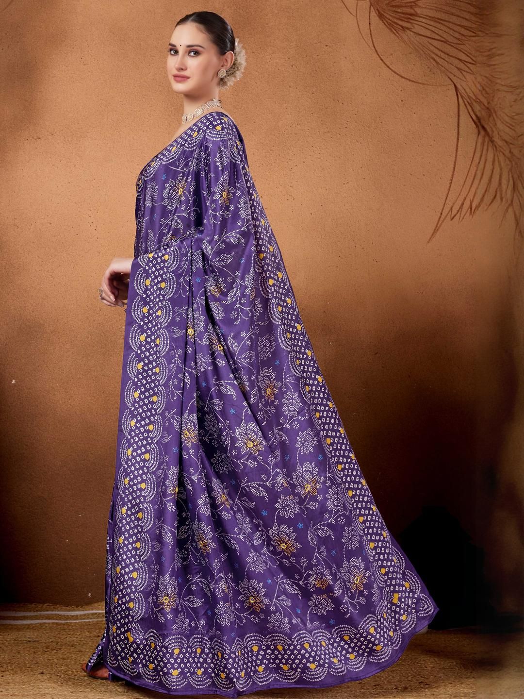 Purple Bandhani Floral Printed Mirror Work Ready to Wear Saree 4