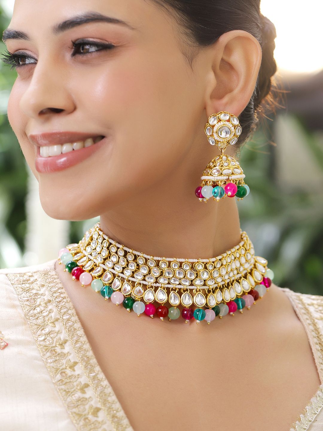 Buy Rubans 22K Gold Plated White Kundan & CZ Double Layer Necklace Set With Multi Color Beads -  - Accessories for Women