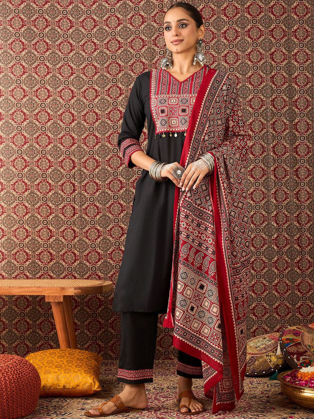 Women Ethnic Motifs Black Printed Pure Cotton Kurta with Trousers & Dupatta 2