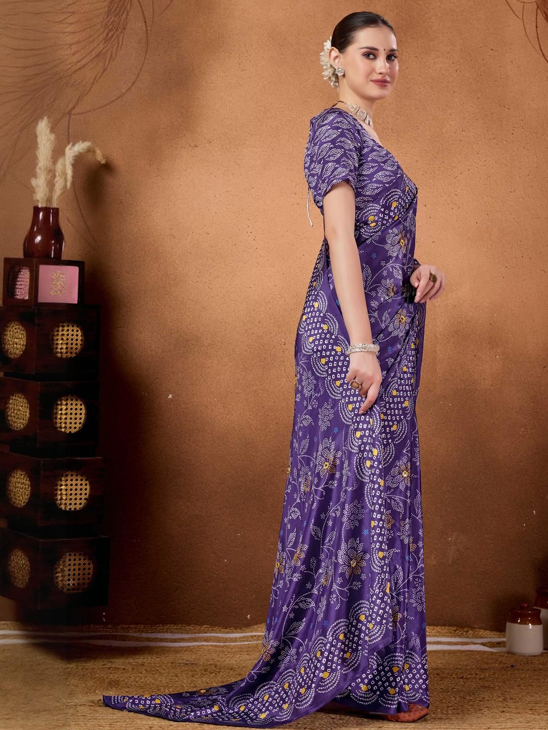 Purple Bandhani Floral Printed Mirror Work Ready to Wear Saree 3