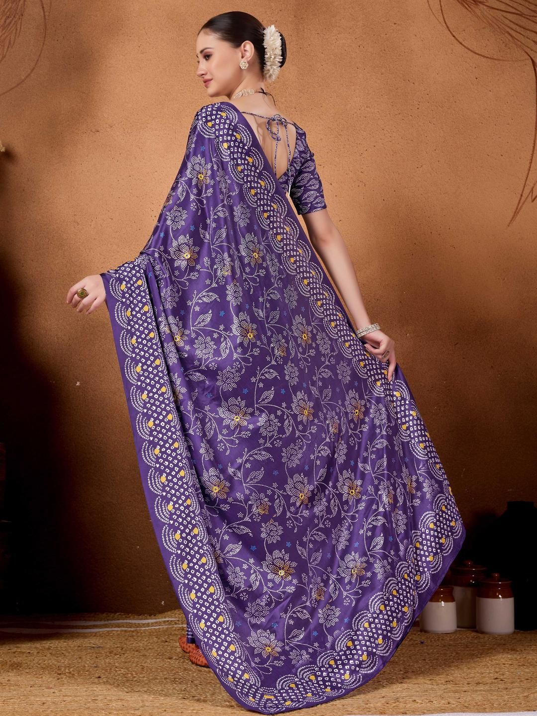 Purple Bandhani Floral Printed Mirror Work Ready to Wear Saree 5