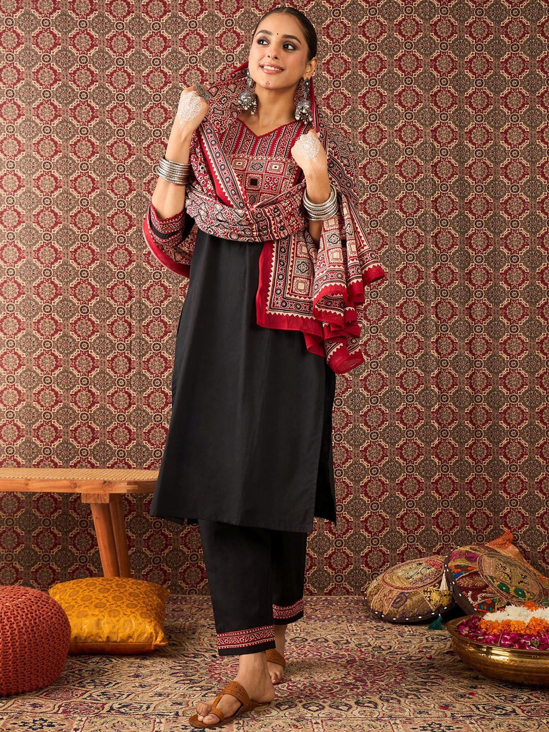 Women Ethnic Motifs Black Printed Pure Cotton Kurta with Trousers & Dupatta 6