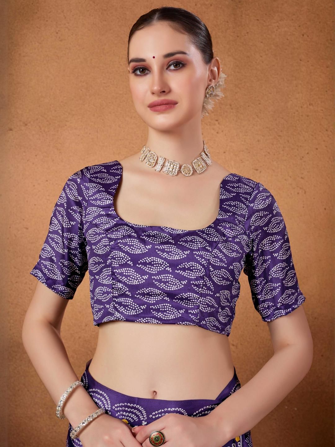 Purple Bandhani Floral Printed Mirror Work Ready to Wear Saree 7