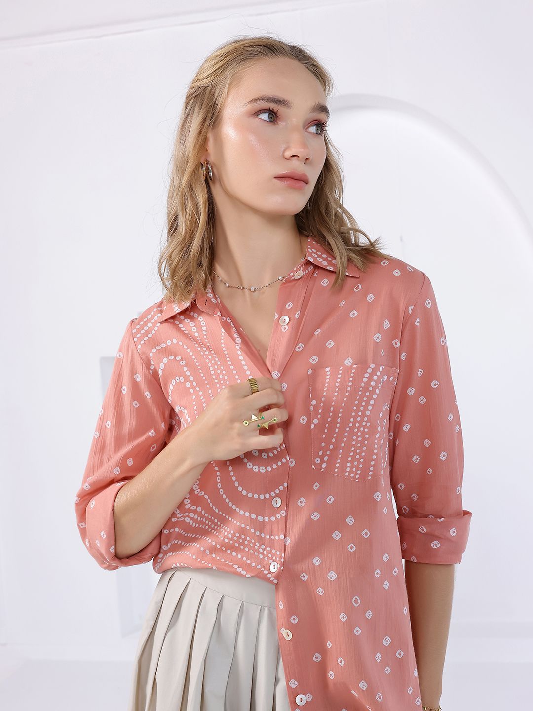 KALAMIR Women Abstract Printed Spread Collar Pure Cotton Casual Shirt