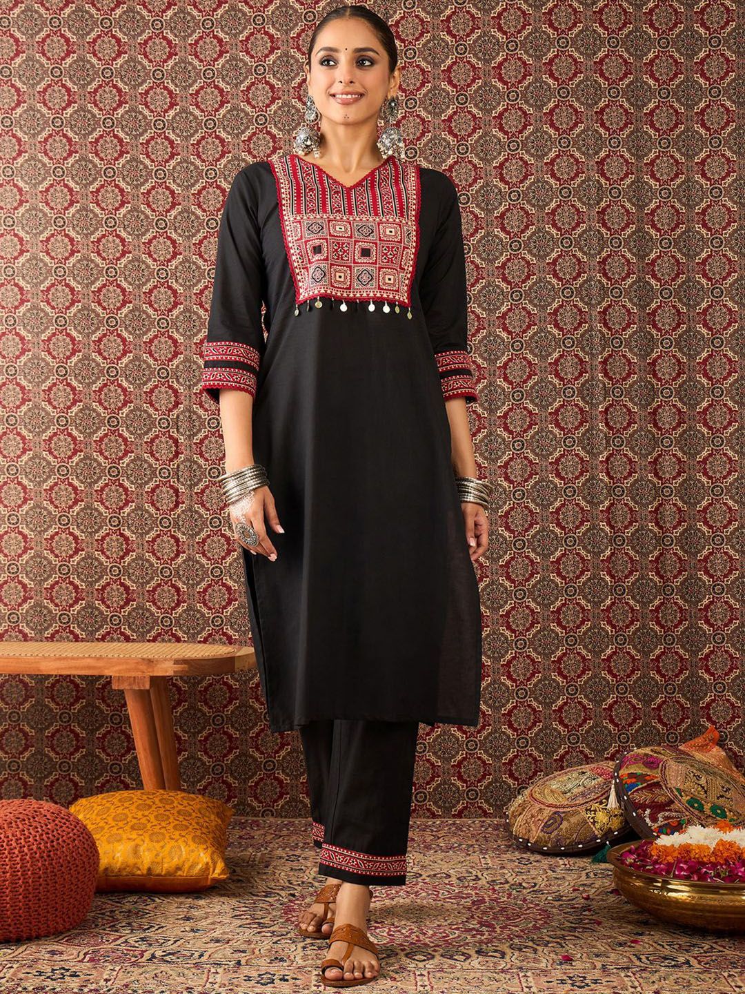 Women Ethnic Motifs Black Printed Pure Cotton Kurta with Trousers & Dupatta 5