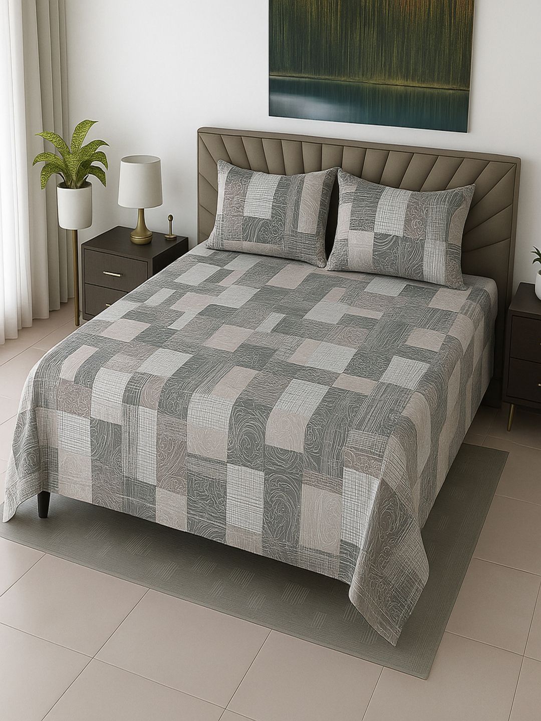 Threadwear Beige Floral 400 TC Bedsheet with 2 Pillow Covers