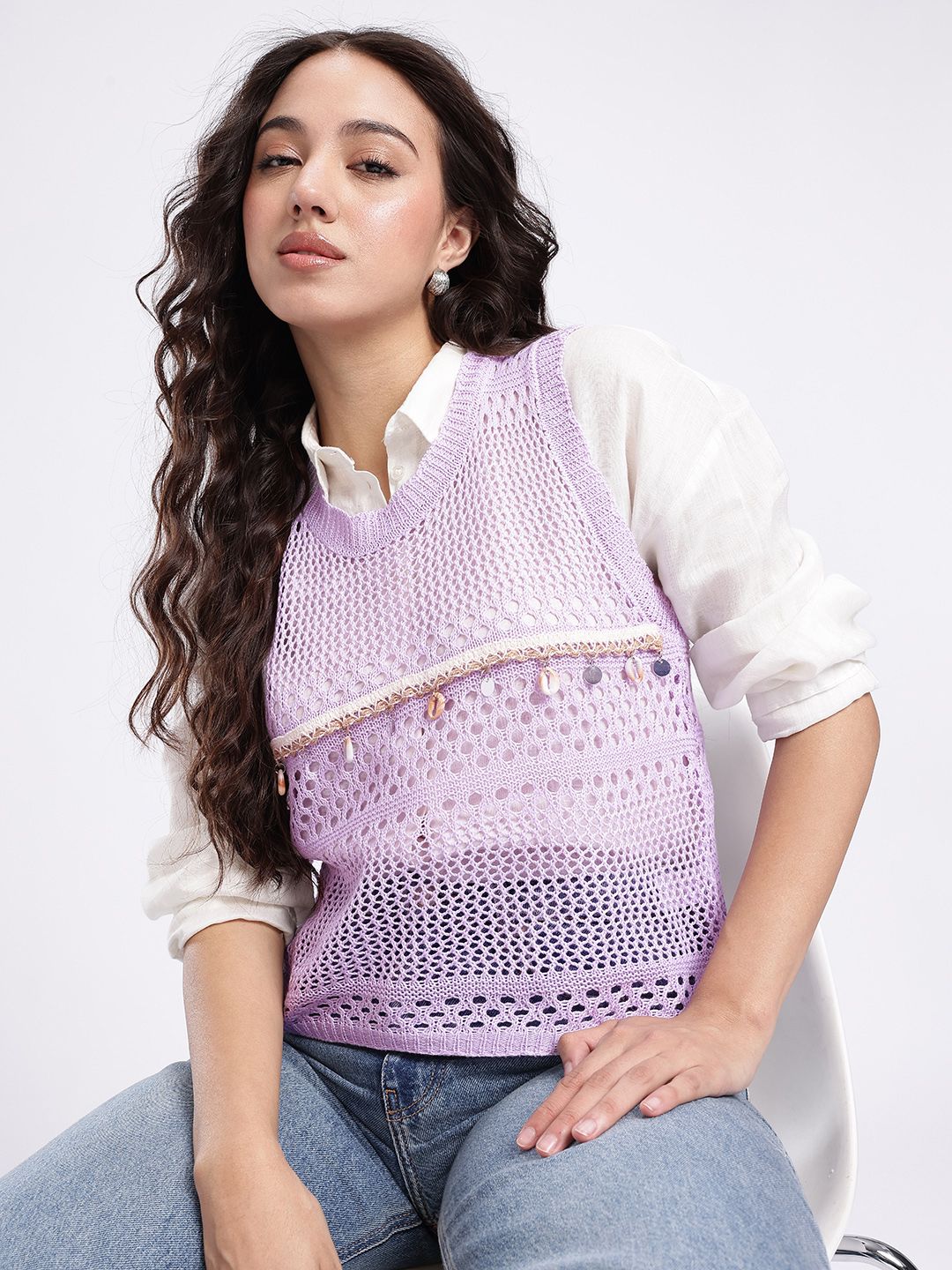 glitchez Self Designed Shell Embellished Knitted Sweater