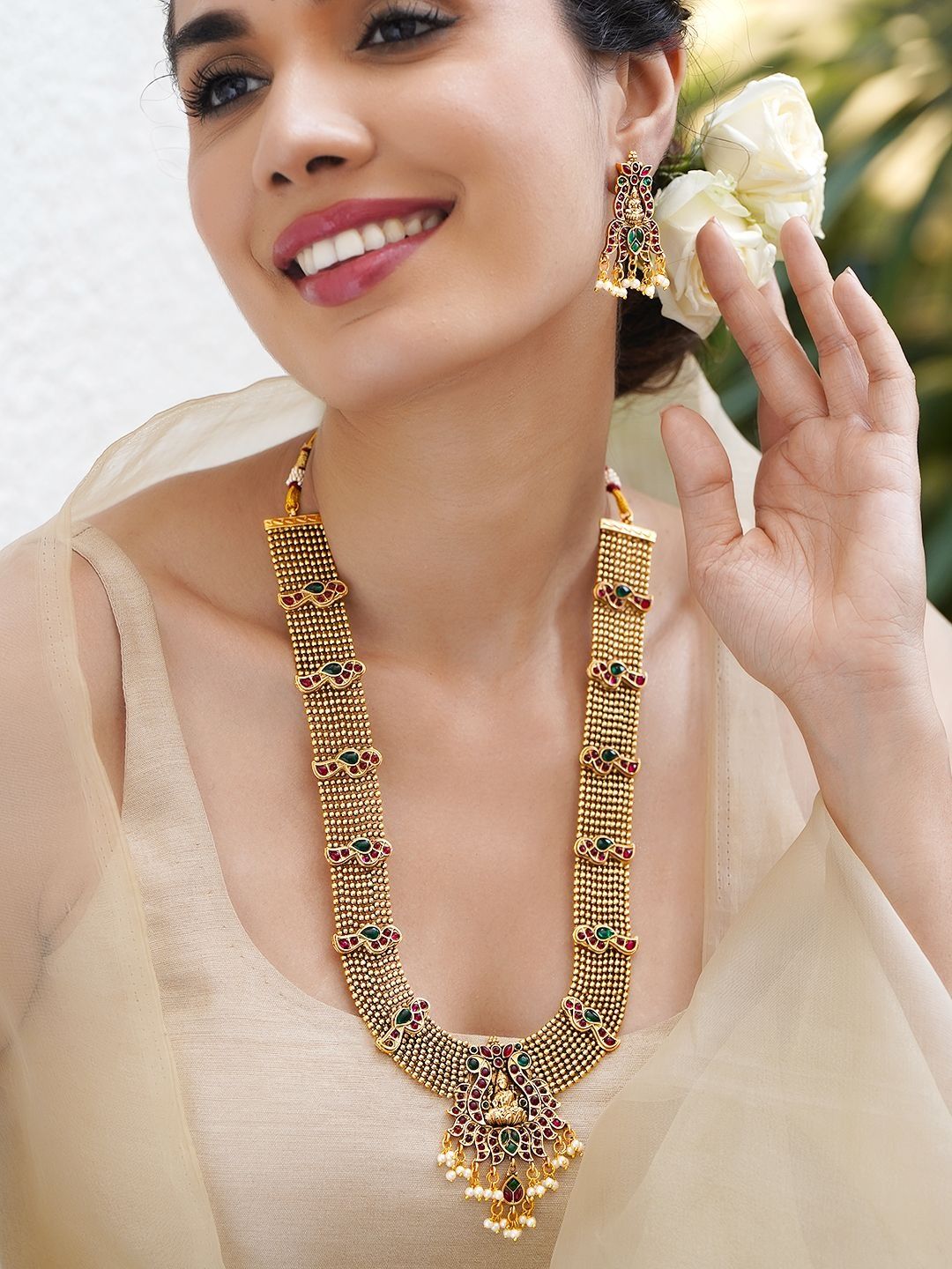 Rubans 22k Gold-Plated Stone-Studded & Beaded Jewellery Set