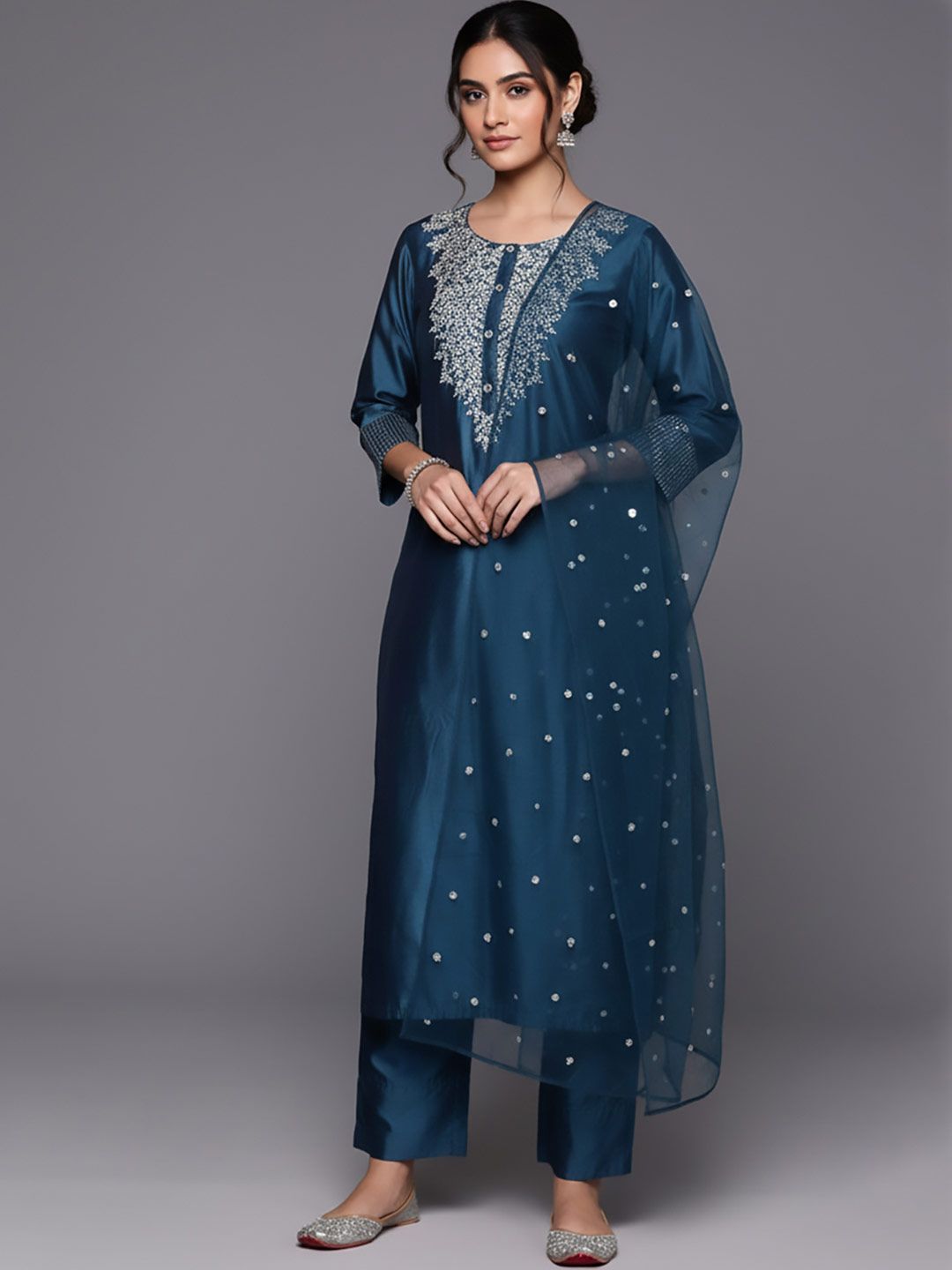Varanga Women Embroidered Regular Chanderi Silk Kurta with Trousers & With Dupatta