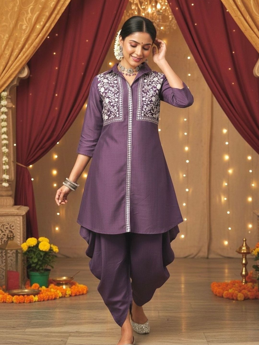 Buy WineRed Women Purple Embroidered Tunic With Harem Pants Co Ord Set -  - Apparel for Women