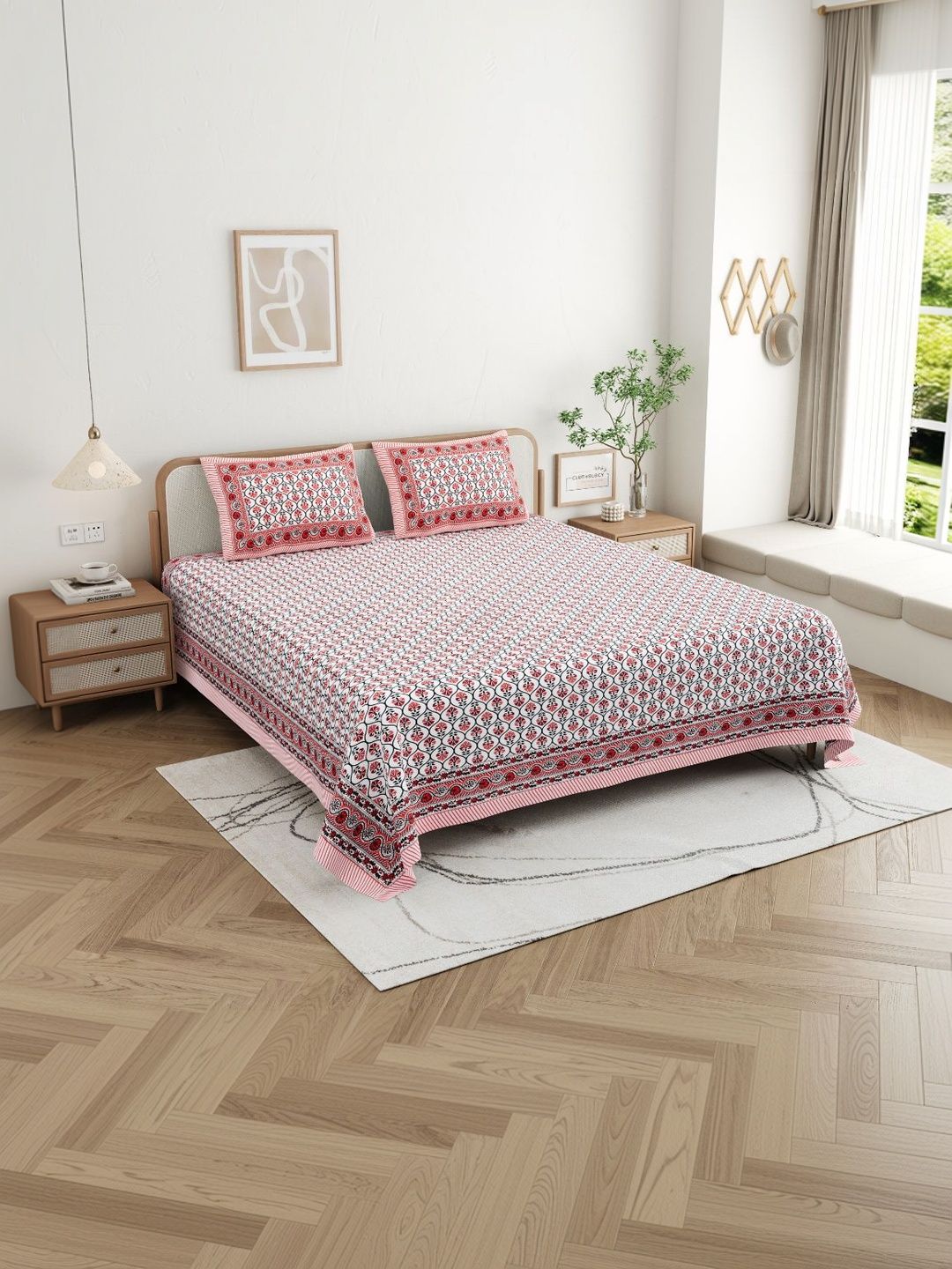 Buy CLOTHOLOGY Crimson Red Floral Lattice Bagh E Virasat Cotton Double Flat 180 TC Jaipuri Prints Bedsheet Set -  - Home for Unisex
