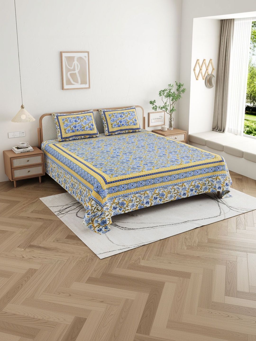CLOTHOLOGY Azure Blue Sanganeri Motif The Gulzar Edit Cotton Double Flat 180 TC Jaipuri Prints Bedsheet Set