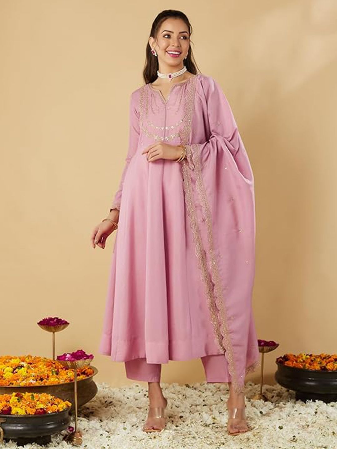 Vaidehi Fashion Women Ethnic Motifs Embroidered Panelled Sequinned Kurta with Trousers & With Dupatta