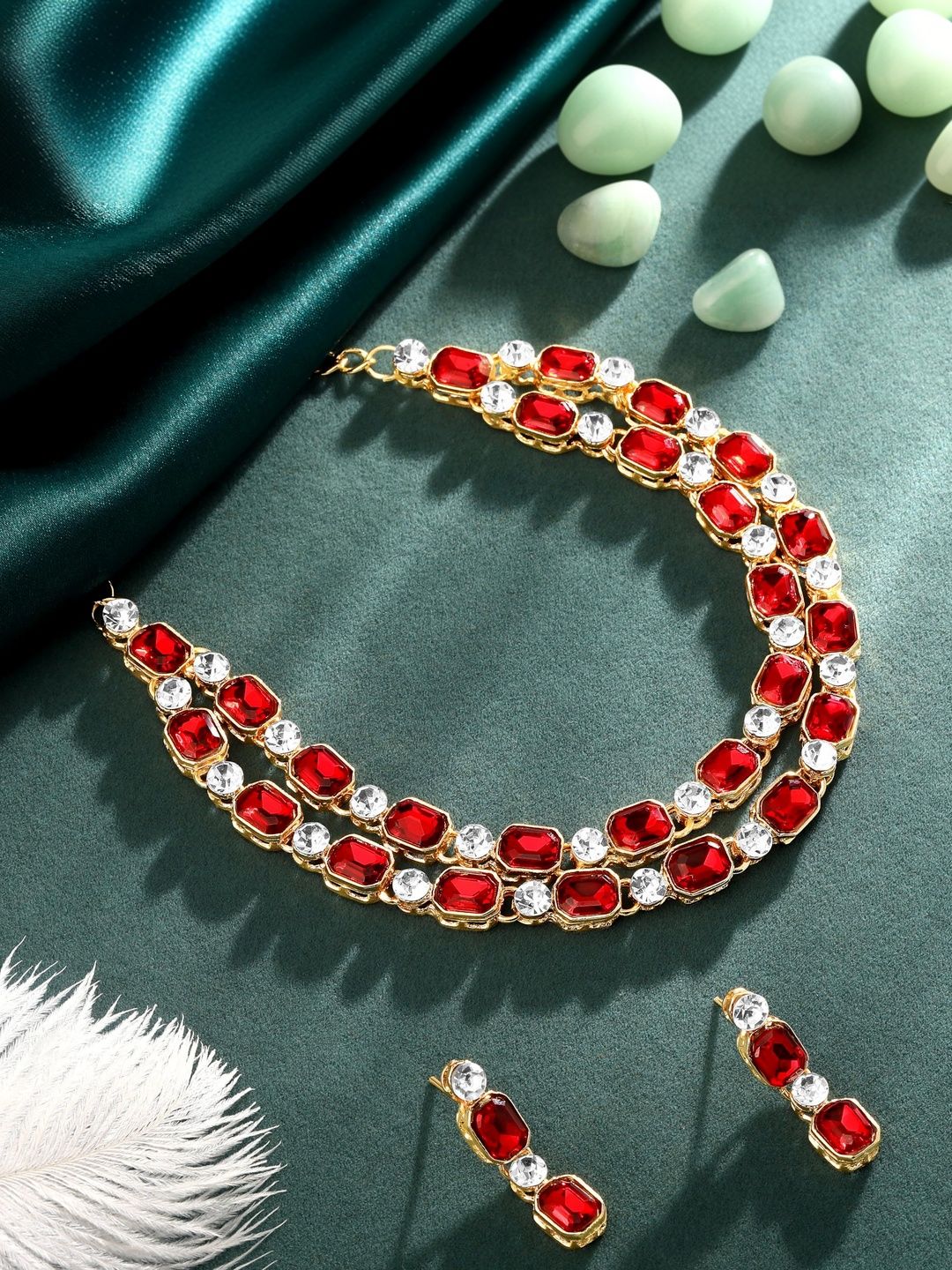 Atasi International Gold-Plated Ruby & American Diamond-Studded Jewellery Set