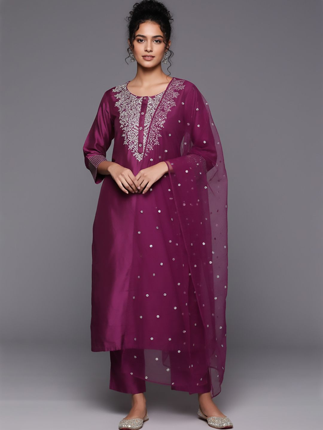 Varanga Women Embroidered Regular Sequinned Chanderi Silk Kurta with Trousers & With Dupatta