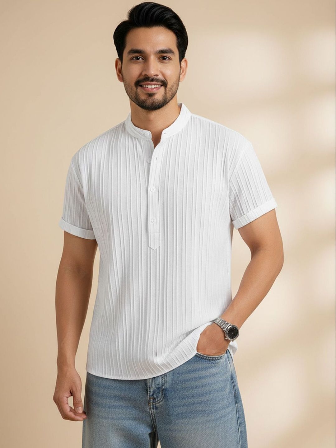 WEBRIC Men Striped Thread Work Kurta