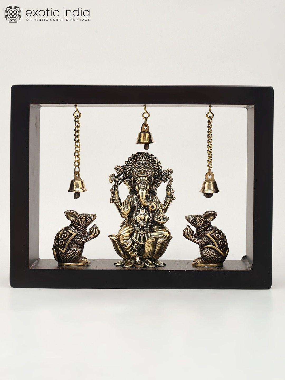 Exotic India Yellow & Black Textured Lord Ganesha With Mushak Wooden Wall Hangings
