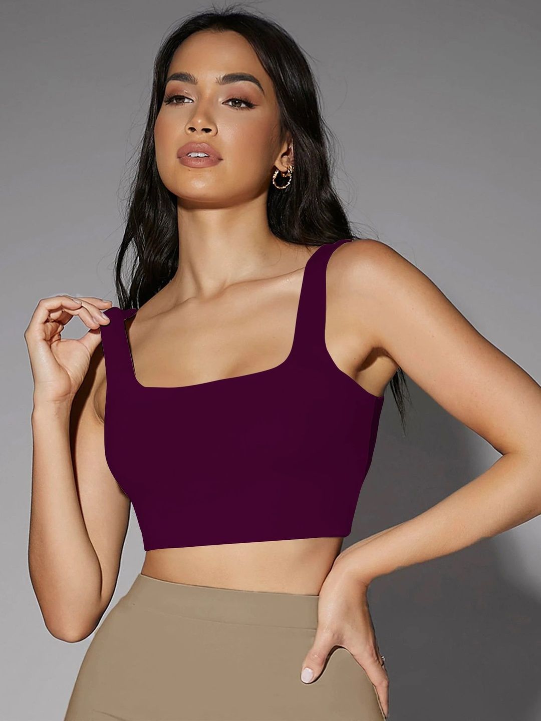 KERI PERRY Ribbed Solid Sleeveless Lycra Crop Top