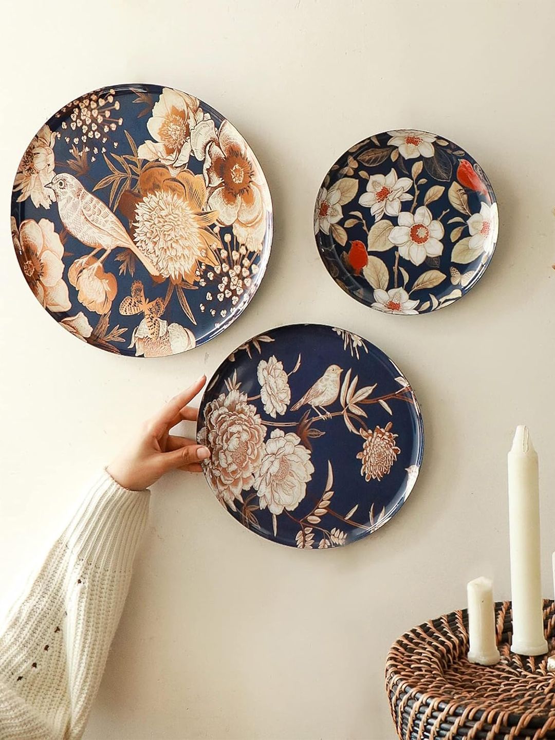 Ritualistic Oriental Blooms Metal Floral Glossy Hanging Hall 3Pcs Wall Plates-12In