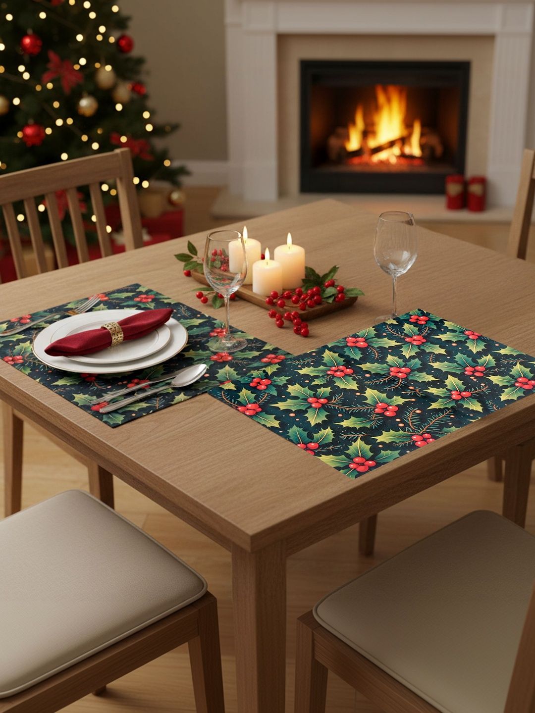 PRAKARTIK 2Pcs Red & Green Cherry Christmas Leaves Printed Rectangle Table Placemats