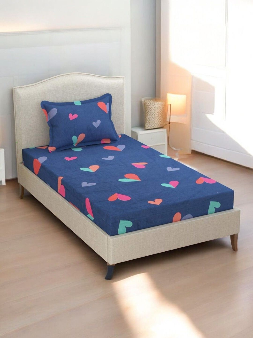 Homybees Navy Blue Conversational 220 TC Single Bedsheet with 1 Pillow Covers