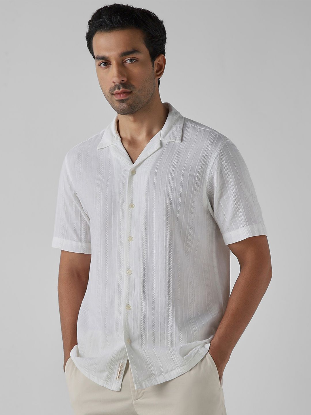 Mufti Men Relaxed Fit Textured Cuban Collar Cotton Casual Shirt