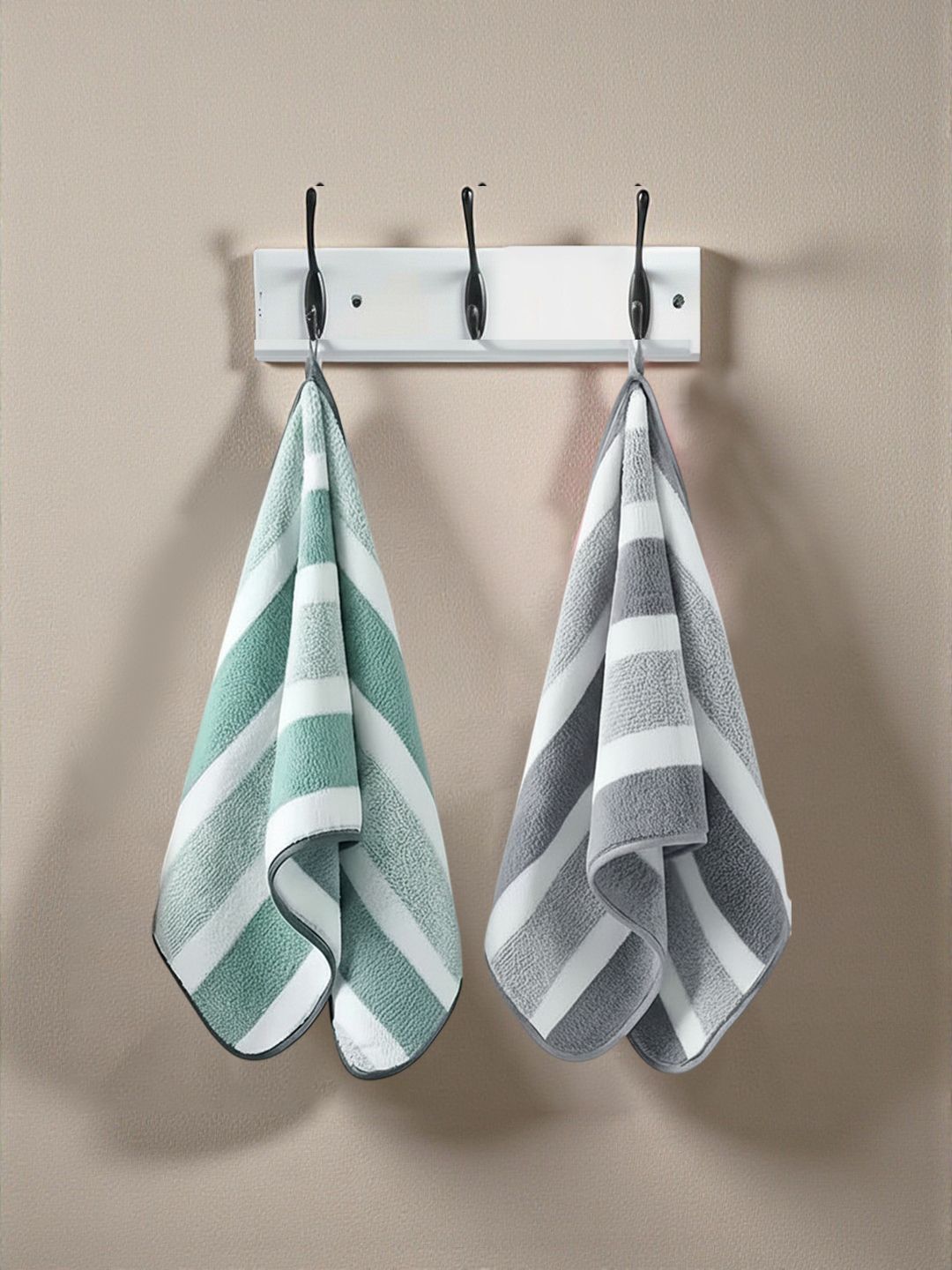 MAXOSHINE 2-Pcs Grey & Green Striped 354 GSM Hand Towel