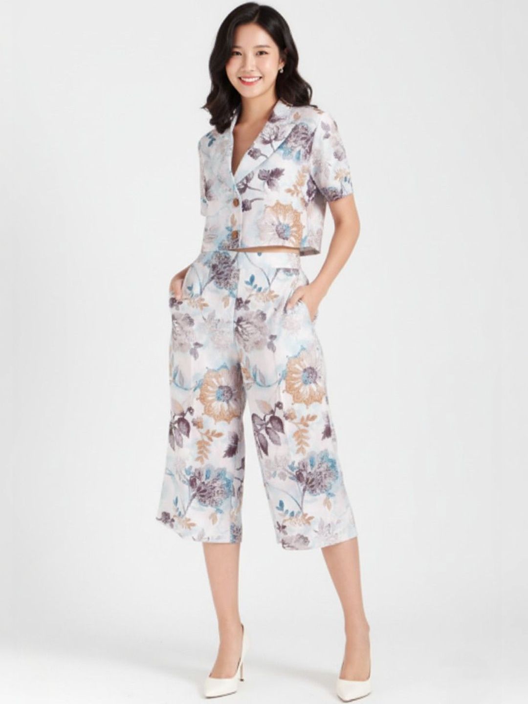 Pookiie Printed Lapel Collar Top With Trousers Co-Ords
