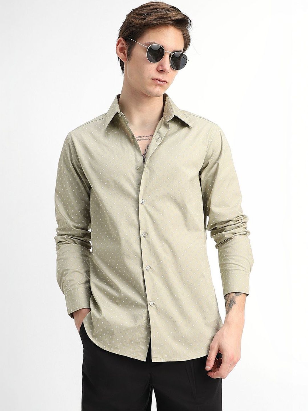 Snitch Abstract Cotton Long Sleeves Slim Fit Shirt