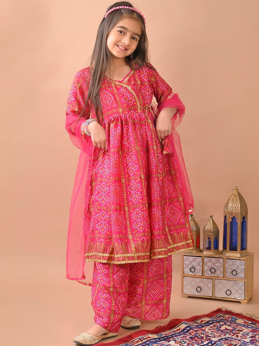 Here&Now X Kinder Kids Girls Bandhani Printed Angrakha Gotta Patti Pure Cotton Kurta with Palazzos & With