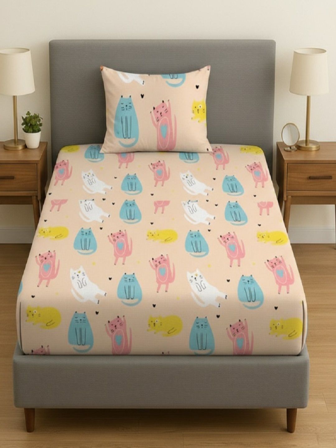 RRC Beige Cartoon Characters Single Bedsheet with 2 Pillow Covers