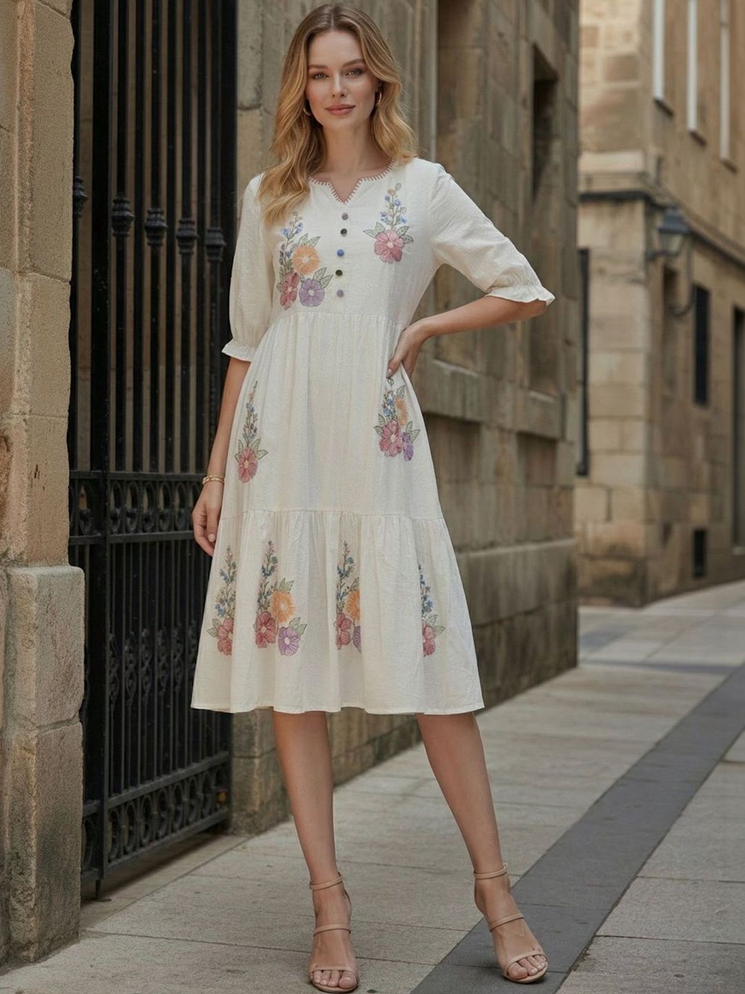 ZUMMER Floral Embroidered A-Line Midi Dress