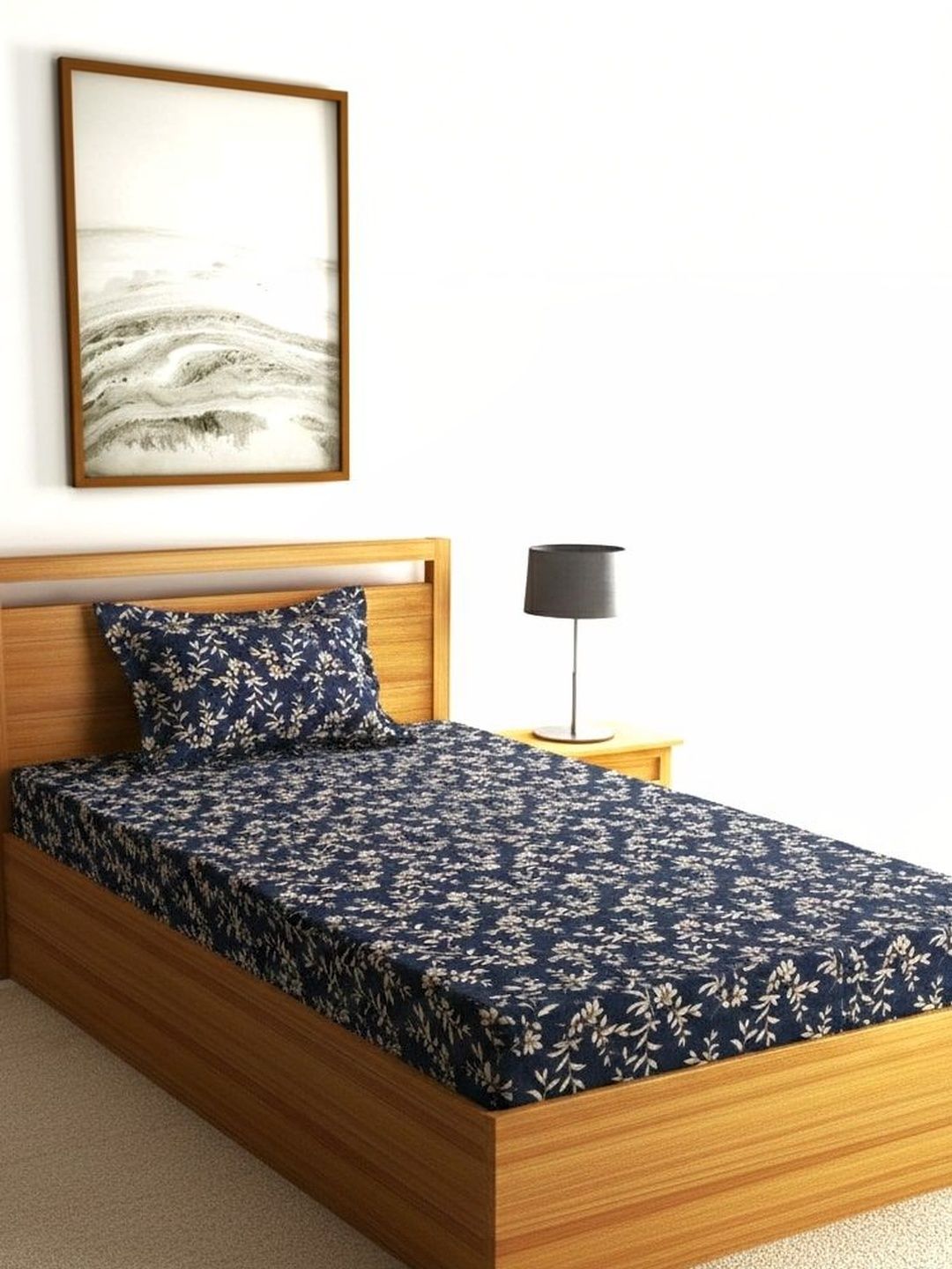 Fashion String Navy Blue Floral 144 TC Single Bedsheet with 1 Pillow Covers