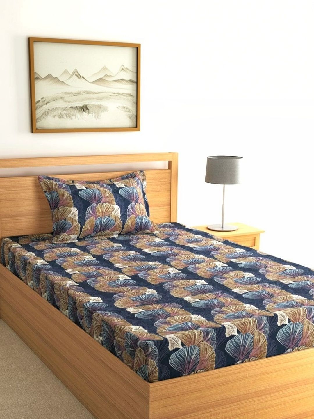 Fashion String Navy Blue Floral 144 TC Single Bedsheet with 1 Pillow Covers
