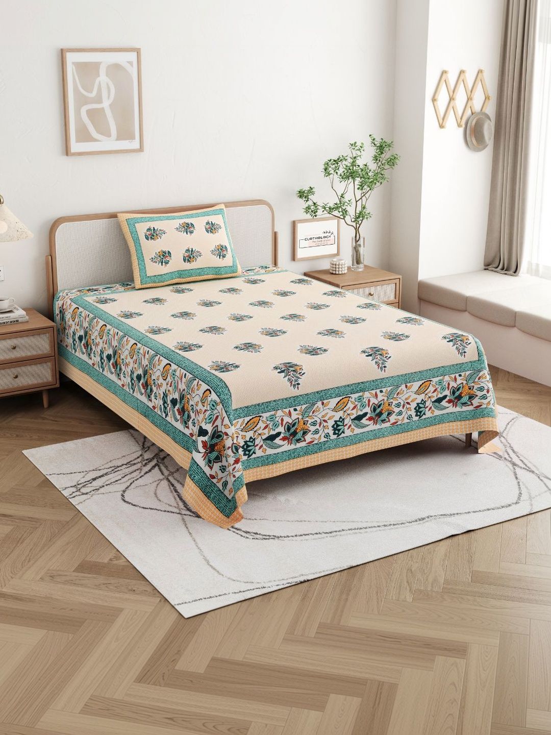 CLOTHOLOGY Cream Teal Floral Gulbagh Heritage Cotton Single Flat 180 TC Jaipuri Prints Bedsheet Set