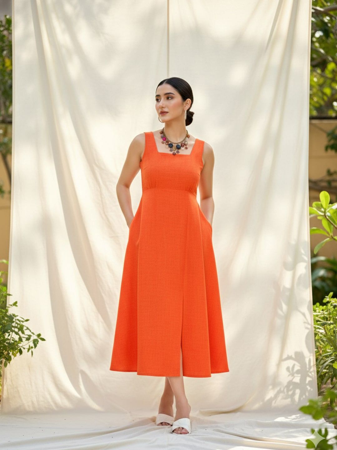 Linen Sleeveless Solid Slits A-Line Midi Dress