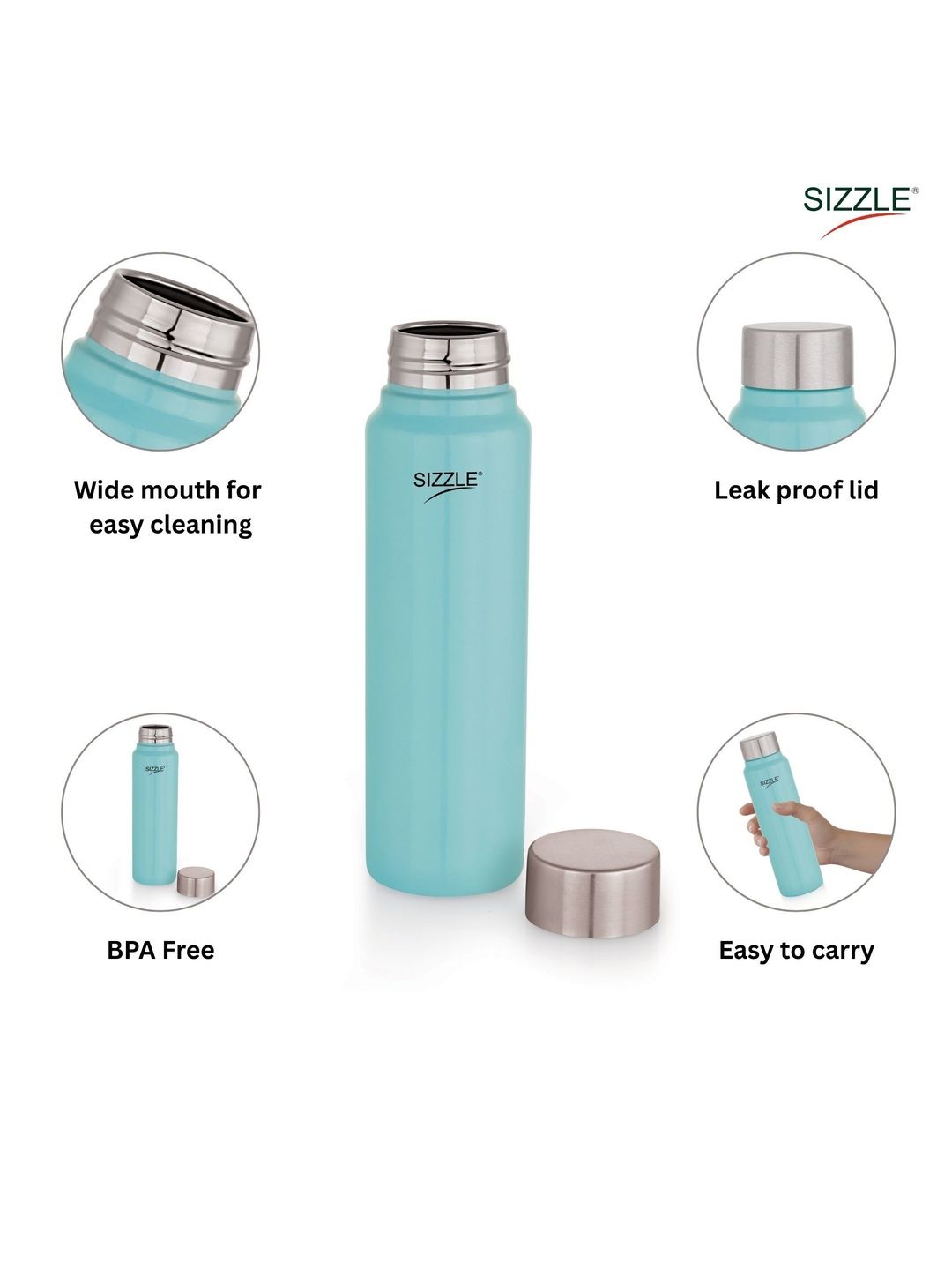 SIZZLE Turquoise Blue & Steel Single Stainless Steel Brand Logo Water Bottle