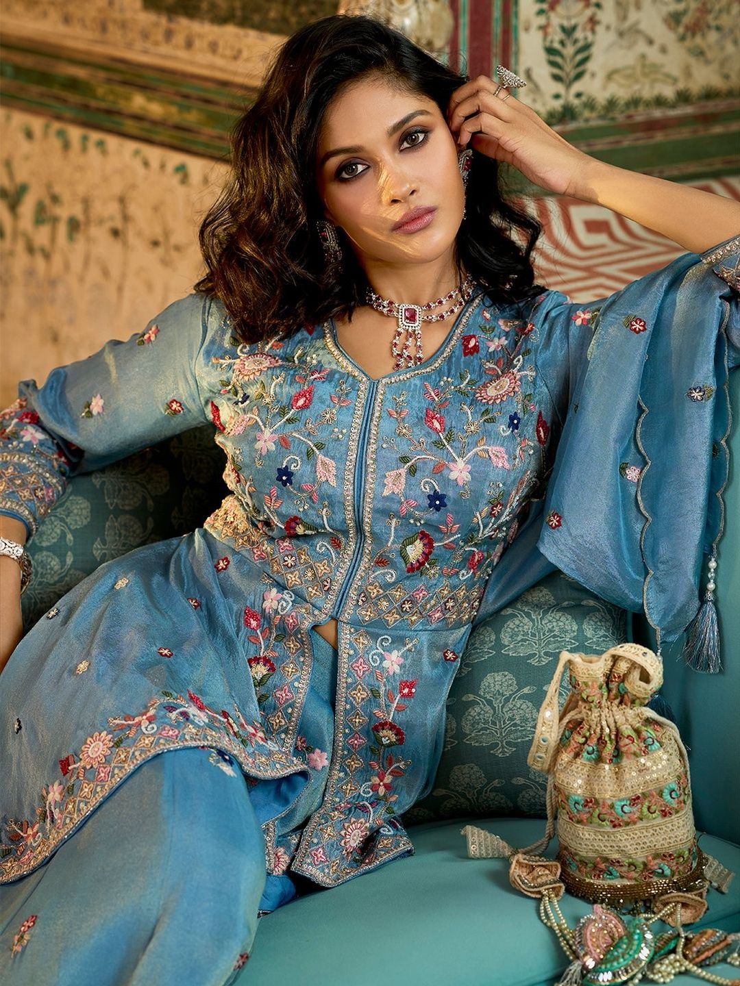 House of Pataudi Embroidered V-Neck A-Line Kurta & Palazzos With Dupatta