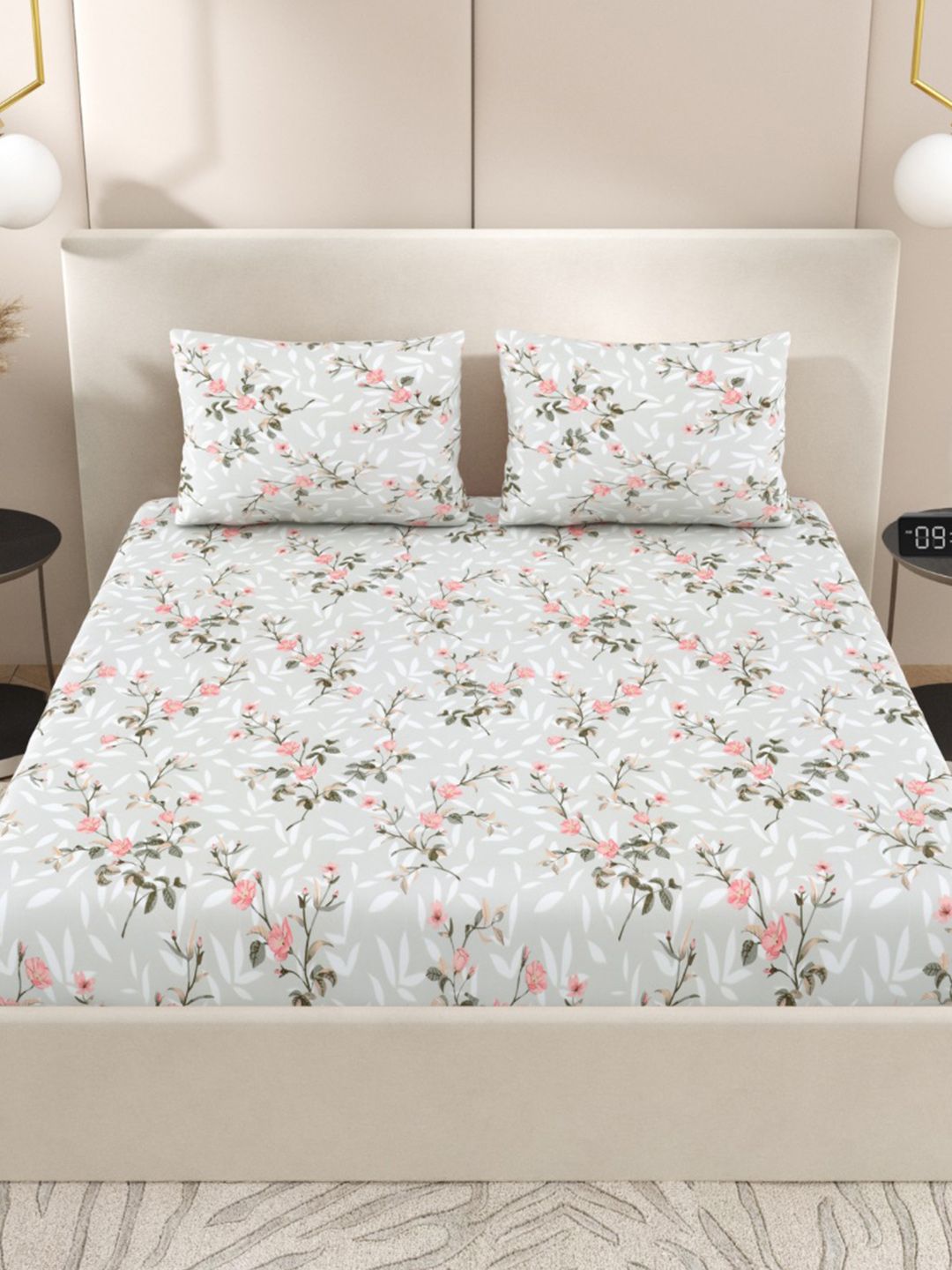 Jaipur Weaves Grey Floral 240TC Cotton Queen Bedsheet With 2 Pillow Covers - 90x100 Inches