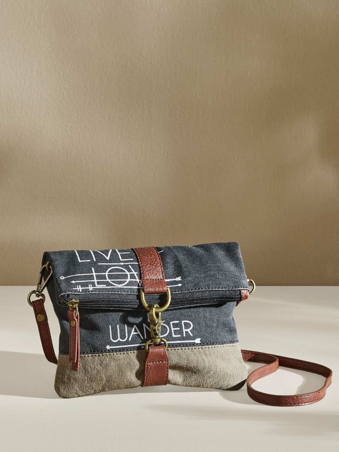 Mona B Black Printed Structured Sling Bag