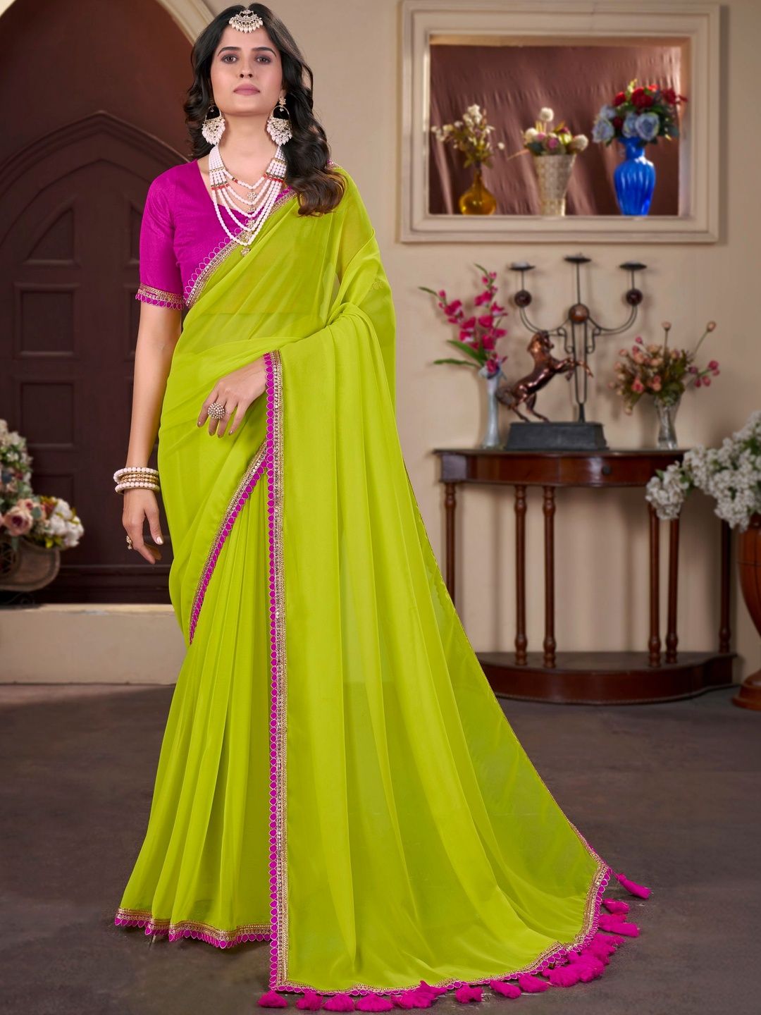 FABLAND Embellished Zari Poly Georgette Saree