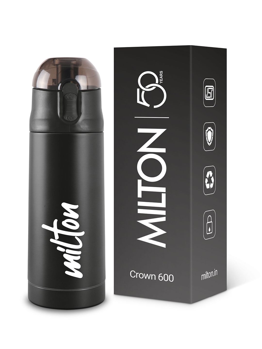 Milton Crown Black Stainless Steel Double Wall Vacuum Water Bottle - 500ml