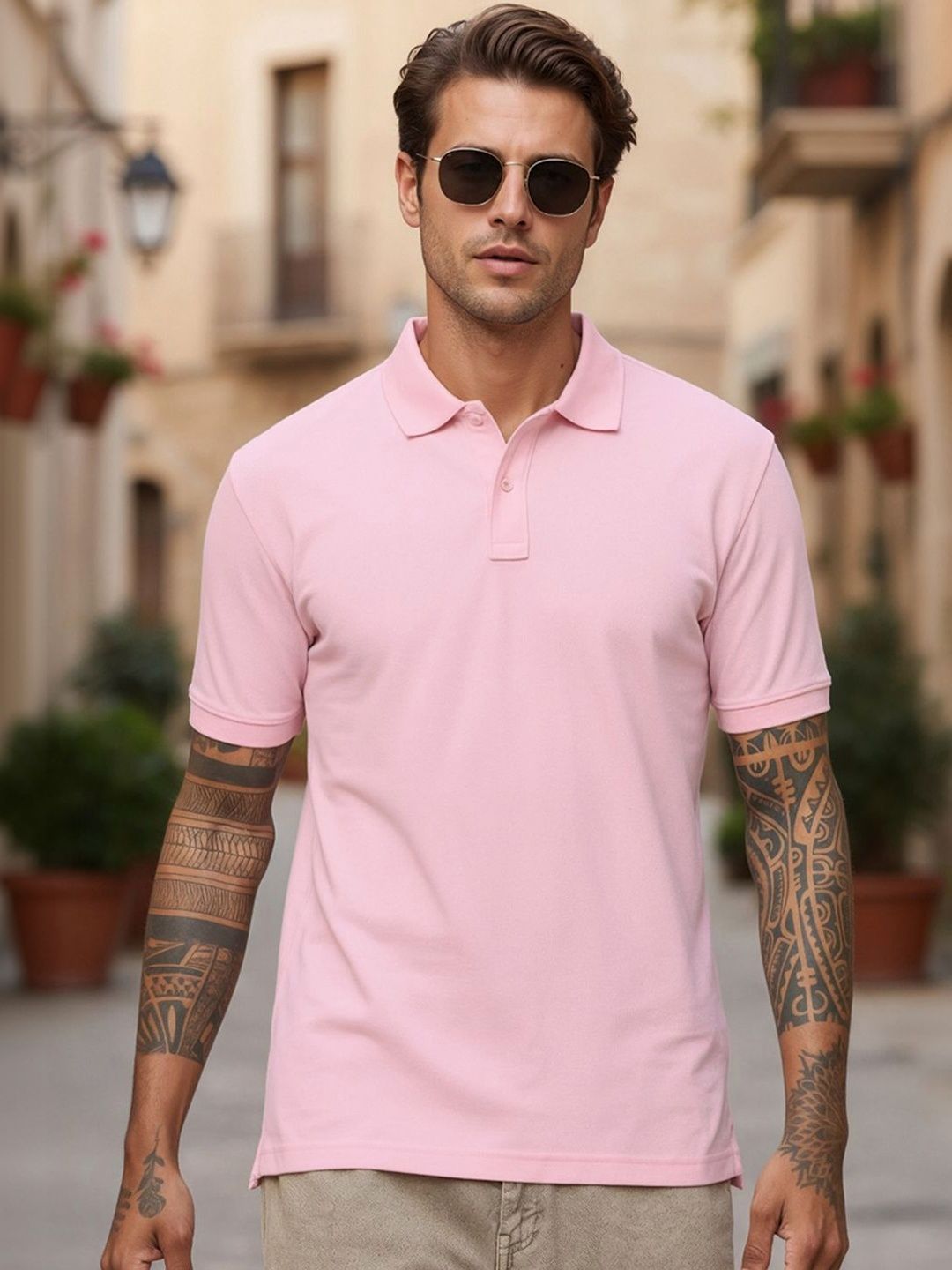Bewakoof Men's Light Pink Polo T-shirt