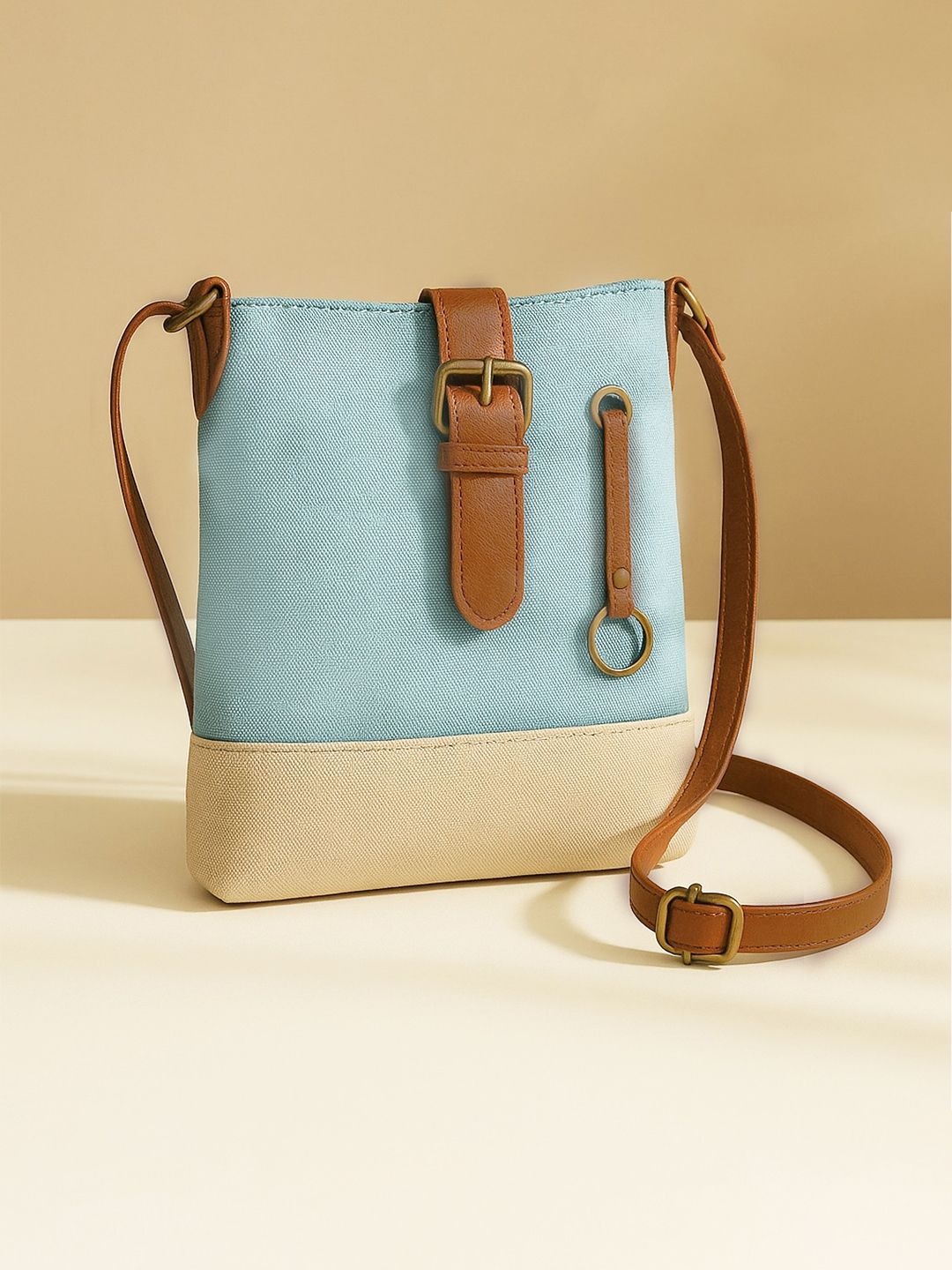 Mona B Women Blue Colourblocked Upcycled Canvas Crossbody Bag