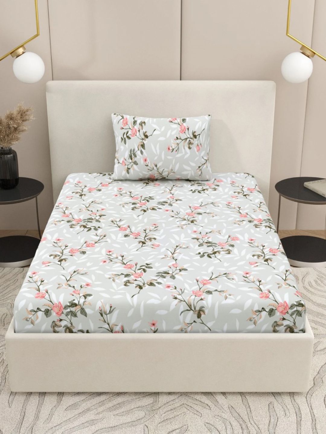 Jaipur Weaves Grey Floral Single 240 TC Cotton Bedsheet With 1 Pillow Cover 60x90 Inches