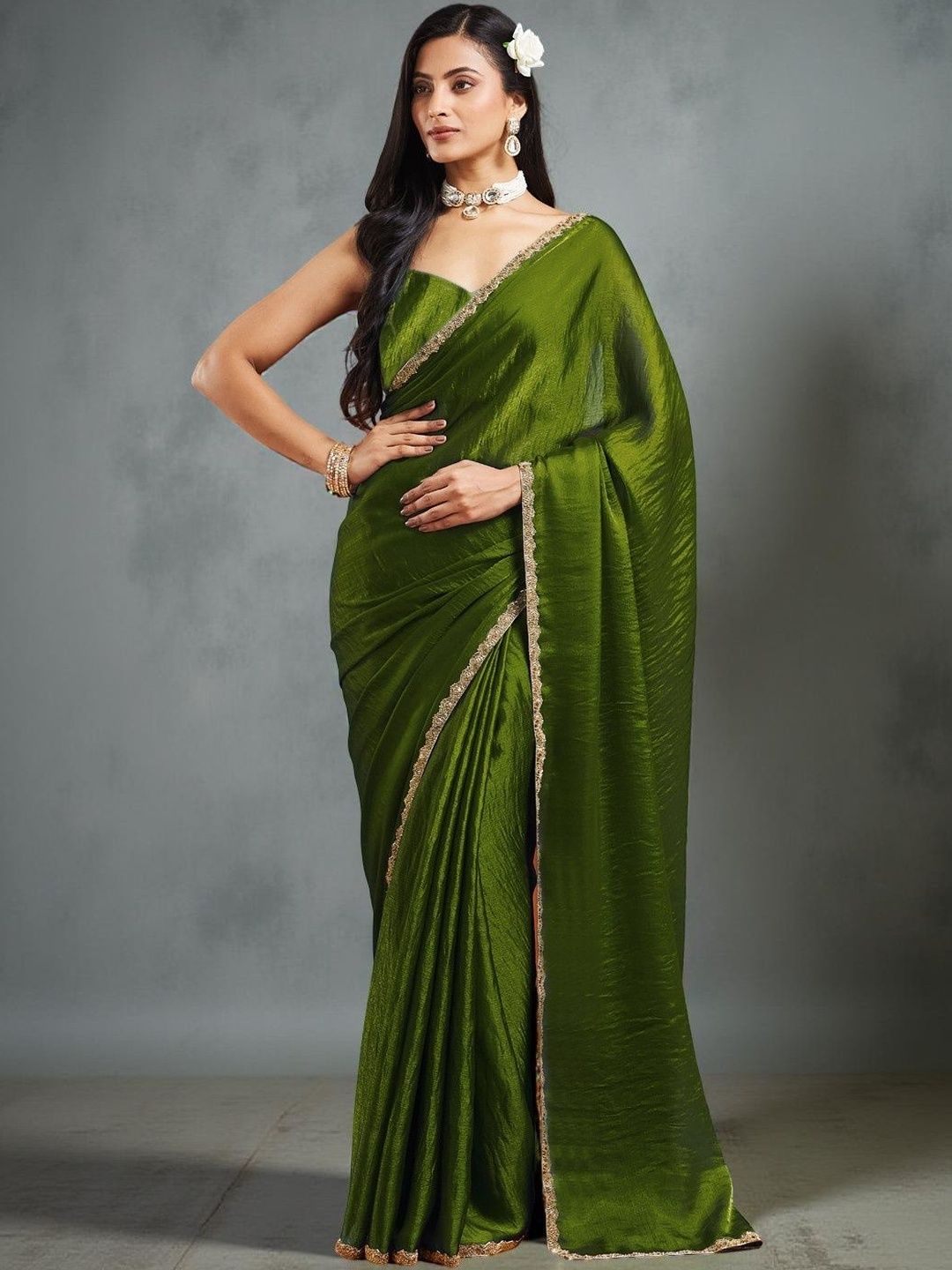 VEMEZ Beads and Stones Poly Chiffon Tussar Saree