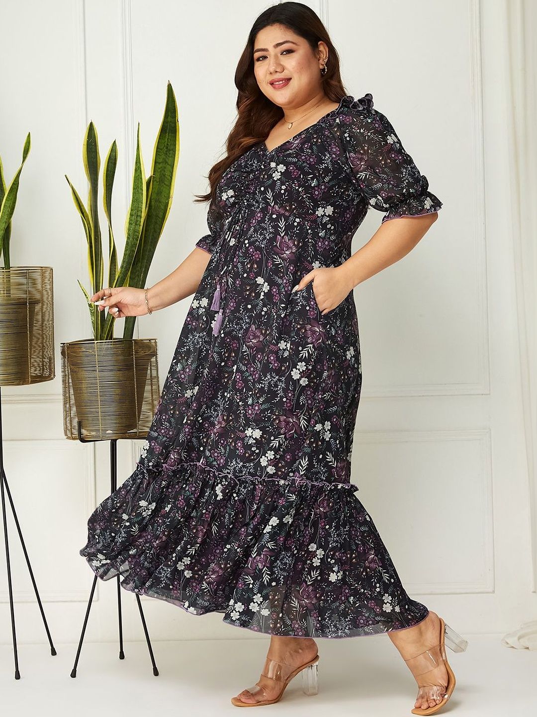 Miss Chase A+ Plus Size Women Sweetheart-Neck Floral Ruching Georgette Maxi Dress